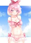  1girl :d bare_shoulders bikini breasts cleavage cloud collarbone cowboy_shot gradient_hair hair_ribbon highres large_breasts long_sleeves looking_at_viewer midriff miniskirt multicolored_hair navel off_shoulder open_mouth original pink_bikini pink_eyes pink_hair pleated_skirt ribbon see-through see-through_skirt short_hair skirt sky smile solo stomach swimsuit yuano 
