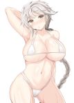  1girl asymmetrical_hair bare_arms bare_legs bare_shoulders bikini blush braid breasts cowboy_shot eyebrows_visible_through_hair gin&#039;ichi_(akacia) kantai_collection large_breasts long_hair micro_bikini single_braid solo swimsuit unryuu_(kantai_collection) very_long_hair wet white_bikini white_hair yellow_eyes 