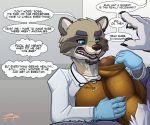  anthro balls blueblaster doctor duo english_text foreskin foreskin_play genitals male male/male mammal penis procyonid profanity pubes raccoon size_difference speech_bubble text uncut 