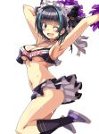  1girl aqua_eyes arm_up armpits azur_lane breasts cheering cheerleader cheshire_(azur_lane) clothes_writing crop_top crop_top_overhang fang frilled_hairband frilled_headband frills hairband highres holding holding_pom_poms jumping macaroni_hourensou maid_headdress midriff miniskirt multicolored_hair navel open_mouth panties pantyshot pleated_skirt pom_poms shirt shoes skin_fang skirt sleeveless sleeveless_shirt sneakers solo streaked_hair underwear 