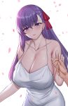  1girl bangs bare_shoulders blush breasts cleavage collarbone dress fate/stay_night fate_(series) hair_ribbon highres holding_hands k_jin large_breasts long_hair looking_at_viewer matou_sakura parted_lips petals purple_eyes purple_hair red_ribbon ribbon simple_background smile solo_focus white_background white_dress 