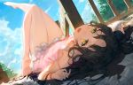  1girl :d bangs bare_arms bare_legs bare_shoulders barefoot black_hair blue_sky blush bra_strap cloud collarbone day dress dutch_angle ecien facial_mark fate/grand_order fate_(series) forehead_mark from_behind indoors knee_up leg_up long_hair looking_at_viewer looking_back lying multicolored_hair on_back on_floor open_mouth paper parted_bangs pink_dress purple_hair sesshouin_kiara_(lily) sky sleeveless sleeveless_dress smile soles solo strap_slip sunlight thigh_gap two-tone_hair very_long_hair wooden_floor wristband yellow_eyes 