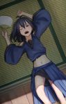  1girl antenna_hair black_hair commentary fan from_above highres hot indoors kis_sako lying medium_hair midriff navel on_back one_eye_closed open_mouth original purple_eyes solo sweat tatami 