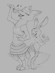  2020 anthro canid canine clothed clothing dancing disney duo eyes_closed eyes_mostly_closed fox fur grey_background hi_res holding_microphone holding_object judy_hopps lagomorph leporid mammal microphone midriff monochrome musical_note narrowed_eyes nick_wilde open_mouth open_smile rabbit red_fox s1m simple_background singing smile topless zootopia zootopia_shorts 