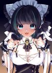  1girl :3 absurdres animal_ears azur_lane bangs black_hair blue_eyes blue_hair blue_nails blush breasts cheshire_(azur_lane) eyebrows_visible_through_hair fang gradient gradient_background highres large_breasts looking_at_viewer maid maid_headdress multicolored_hair no_bra open_mouth smile solo strap_lift streaked_hair upper_body uu3cm wrist_cuffs 