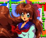  1990s_(style) 1girl araizumi_rui_(style) bow brown_hair green_eyes hair_bow highres looking_at_viewer oldschool open_mouth parody potiri02 school_uniform serafuku solo style_parody yoshinaga_sally yuusha_series yuusha_tokkyuu_might_gaine 