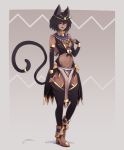  1girl alder animal_ears black_gloves black_hair black_legwear blue_eyes breasts bridal_gauntlets cat_ears cat_girl cat_tail dark_skin egyptian egyptian_clothes elbow_gloves eye_of_horus full_body gloves gold gradient_hair grey_background grey_hair hairband high_heels highres medium_breasts monster_girl multicolored_hair navel original pelvic_curtain short_hair solo standing tail tail_ring thighhighs usekh_collar 