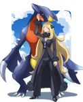  1girl absurdres arm_at_side arm_up black_coat black_footwear black_pants black_shirt blonde_hair breasts closed_mouth coat commentary_request fur-trimmed_coat fur_collar fur_trim garchomp gen_4_pokemon grey_eyes high_heels highres long_hair pants pokemon pokemon_(creature) pokemon_(game) pokemon_dppt shirona_(pokemon) shirt size_difference smile standing very_long_hair yoshinatsu 