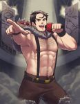 1boy abs bara beowulf_(skullgirls) black_hair black_pubic_hair chest chest_hair facial_hair fate/grand_order fate_(series) highres male_focus male_pubic_hair microphone muscle nipples pants pectorals pelt pubic_hair shirtless short_hair skullgirls smile solo stubble suspenders thighs zombies_inc. 