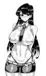  1girl absurdres areola_slip areolae arms_behind_back bangs bare_shoulders belt blush breasts covered_nipples gggg glasses greyscale highres komi-san_wa_komyushou_desu komi_shouko long_hair looking_at_viewer midriff monochrome navel necktie shorts simple_background sleeveless solo thong white_background 