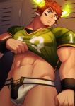  1boy abs animal_ears bangs bara briefs brown_hair bugle chest facial_hair forked_eyebrows glowing_horns horns looking_at_viewer male_focus muscle native_american pectorals shirt_pull short_hair solo sportswear thick_eyebrows thick_thighs thighs tokyo_houkago_summoners underwear upper_body wakan_tanka zombies_inc. 