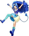  1girl :d animal_ear_fluff animal_ears arms_up asymmetrical_legwear black_jacket blue_eyes blue_footwear blue_gloves blue_hair blue_legwear blue_skirt boots cure_gelato fang full_body gloves hair_intakes jacket kirakira_precure_a_la_mode layered_skirt lion_ears lion_tail long_hair miniskirt open_mouth outstretched_arms precure rick.black shiny shiny_hair short_sleeves simple_background skirt smile solo tail tategami_aoi thighhighs two-tone_skirt very_long_hair white_background yellow_skirt 