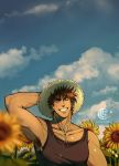 1boy armpit_hair bara brown_hair catneylang chest cloud cloudy_sky flower hat highres jojo_no_kimyou_na_bouken joseph_joestar_(young) male_focus muscle shirtless short_hair sky smile solo straw_hat sunflower teeth younger 