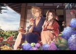  1boy 1girl aerith_gainsborough alternate_costume bangle bangs blonde_hair blue_eyes blue_kimono blue_sky blurry blush bracelet brown_hair closed_mouth cloud cloud_strife cloudy_sky commentary day depth_of_field drill_hair eating final_fantasy final_fantasy_vii floral_print flower food fruit green_eyes hair_ribbon holding holding_food japanese_clothes jewelry kieta kimono letterboxed long_hair looking_at_viewer necklace obi open_door open_mouth outdoors parted_bangs patio plate popsicle red_kimono ribbon sash short_hair side-by-side side_drill sitting sky sliding_doors smile spiked_hair twin_drills watermelon 