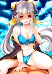  1girl :d absurdres bare_shoulders bikini blue_bikini blush bow breasts cleavage cloud collarbone dragon_girl dragon_horns fate/grand_order fate_(series) hand_on_own_face highres horns izumikuu kiyohime_(fate/grand_order) kiyohime_(swimsuit_lancer)_(fate) large_breasts long_hair looking_at_viewer midriff multiple_horns navel open_mouth orange_eyes ponytail silver_hair smile solo_focus straddling swimsuit very_long_hair yellow_bow 