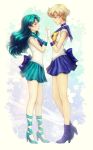  2girls aqua_hair back_bow bishoujo_senshi_sailor_moon blonde_hair blue_bow blue_choker blue_neckwear blue_sailor_collar blue_skirt bow choker circlet collared_shirt couple earrings elena_ivlyushkina eye_contact floating_hair full_body gloves green_choker green_ribbon green_sailor_collar green_skirt high_heels holding holding_clothes holding_gloves jewelry kaiou_michiru leg_ribbon long_hair looking_at_another miniskirt multiple_girls pleated_skirt profile pumps ribbon sailor_collar sailor_neptune sailor_senshi_uniform sailor_shirt sailor_uranus shiny shiny_hair shirt short_sleeves skirt standing ten&#039;ou_haruka very_long_hair white_gloves white_shirt yellow_neckwear yuri 