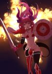  1girl :d armor armored_boots bangs bikini bikini_armor black_legwear black_sleeves blue_eyes boots choker collarbone detached_sleeves dragon_girl elizabeth_bathory_(brave)_(fate) elizabeth_bathory_(fate)_(all) fang fate/grand_order fate_(series) flat_chest floating_hair hair_between_eyes hairband holding holding_sword holding_weapon horns knee_boots kwi_(kawaiin) long_hair long_sleeves looking_at_viewer open_mouth pink_hair red_bikini red_choker red_footwear shoulder_armor smile solo spaulders swimsuit sword tail thighhighs very_long_hair weapon white_hairband 