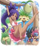  1girl absurdres alolan_exeggutor alolan_form armpits arms_up barefoot cloud commentary_request dark_skin day eyelashes gen_3_pokemon gen_5_pokemon gen_7_pokemon hair_tie hanging haxorus highres hydreigon iris_(pokemon) long_hair looking_at_viewer open_mouth outdoors pokemoa pokemon pokemon_(creature) pokemon_(game) pokemon_bw2 purple_hair sky soles teeth tied_hair toes tongue upper_teeth wailord water 