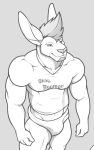  anthro beard biceps clothing digital_media_(artwork) dissimulated english_text eyebrows facial_hair fur grey_background hair kangaroo macropod male mammal marsupial monochrome muscular muscular_anthro muscular_male nipple_outline seff_(dissimulated) shirt simple_background smile solo standing t-shirt text topwear underwear 