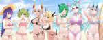  6+girls ahoge aqua_eyes bangs beach bikini black_bikini blonde_hair blush braid breasts cleavage closed_mouth contrapposto cowboy_shot criss-cross_halter day demon_girl demon_horns demon_tail eyebrows_visible_through_hair fang flat_chest food frilled_bikini frills front-tie_bikini front-tie_top green_hair hair_between_eyes hair_over_shoulder halterneck hat high_ponytail highres holding horns large_breasts light_blue_hair light_rays lineup long_hair medium_breasts medium_hair micro_bikini multiple_girls navel o-ring o-ring_bikini o-ring_bottom o-ring_top ocean open_mouth orange_eyes original outdoors parted_bangs parted_lips pink_bikini pointy_ears poking popsicle purple_bikini purple_eyes purple_hair red_eyes short_hair short_twintails side-tie_bikini sideboob silver_hair single_braid skin_fang sky smile stomach straw_hat summer sun_hat surfboard swimsuit tail twintails underboob very_long_hair white_bikini white_hair witch yellow_eyes yellow_headwear ying_jing_meng 