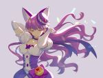  1girl animal_ears bangs breasts camembert_chizuko cat_ears choker cleavage closed_mouth collarbone cure_macaron earrings elbow_gloves eyebrows_visible_through_hair floating_hair food_themed_hair_ornament gloves grey_background hair_ornament half-closed_eyes jewelry kirakira_precure_a_la_mode kotozume_yukari long_hair macaron_hair_ornament magical_girl medium_breasts precure purple_choker purple_eyes purple_hair shiny shiny_hair simple_background smile solo standing very_long_hair white_gloves 