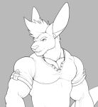  anthro biceps clothed clothing dissimulated ear_piercing eyebrows fully_clothed fur grey_background grin hair kangaroo line_art macropod male mammal marsupial monochrome nipple_outline piercing seff_(dissimulated) shirt simple_background smile solo t-shirt topwear vein 
