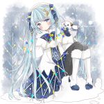  1girl absurdres bangs bass_clef beret black_legwear blue_bow blue_eyes blue_gloves blue_hair blush boots bow braid capelet character_name closed_mouth commentary_request dress eyebrows_visible_through_hair full_body fur-trimmed_boots fur-trimmed_footwear fur_trim gloves hair_bow hat hatsune_miku highres knee_boots knees_up long_hair long_sleeves looking_at_viewer musical_note_hair_ornament pantyhose rabbit_yukine sitting sleeves_past_wrists smile snow snowflake_print snowman tsukiyo_(skymint) twintails very_long_hair vocaloid white_capelet white_dress white_footwear white_headwear yuki_miku yuki_miku_(2021) 