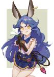  1girl animal_ears bangs bare_shoulders belt blue_hair blue_skirt blush breasts brown_background brown_belt brown_eyes brown_gloves bunny_ears cowboy_shot double-breasted erune ferry_(granblue_fantasy) flower fur-trimmed_gloves fur_trim gem gloves granblue_fantasy hands_up highres holding holding_flower jewelry kyma_curry long_hair looking_at_viewer medium_breasts parted_lips shirt sideboob skirt sleeveless smile solo striped striped_shirt tears two-tone_background wavy_hair whip white_background white_flower white_shirt 