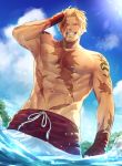  1boy abs aion_kiu bangs bara beowulf_(fate/grand_order) blonde_hair chest facial_hair fate/grand_order fate_(series) goatee male_focus male_swimwear manly muscle nipples pectorals red_eyes scar shirtless solo swim_trunks swimwear tattoo upper_body wet 