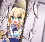  1girl ahoge artoria_pendragon_(all) bangs blonde_hair blush bowl breaking chopsticks door doorknob fate/grand_order fate/stay_night fate_(series) green_eyes jako_(jakoo21) rice_bowl the_shining 