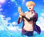  1boy abs chest closed_eyes cloud cloudy_sky day fate/grand_order fate/stay_night fate_(series) gilgamesh gilgamesh_(caster)_(fate) gun highres holding male_focus muscle open_clothes pectorals rijjin short_hair sky smile solo swimsuit toy_gun water water_gun weapon wet 