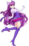  1girl animal_ear_fluff animal_ears anklet bangs boots bow cat_ears cat_girl cat_tail cure_macaron earrings elbow_gloves eyebrows_visible_through_hair floating_hair from_side full_body gloves high_heel_boots high_heels jewelry kirakira_precure_a_la_mode kotozume_yukari long_hair looking_at_viewer miniskirt parted_lips precure purple_bow purple_footwear purple_hair purple_skirt red_eyes rick.black shiny shiny_hair shirt short_sleeves skirt smile solo tail thigh_boots thighhighs very_long_hair white_gloves white_shirt 