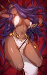  1girl animal_ears bangs belly_chain blush breasts dark_skin earrings egyptian egyptian_clothes facepaint facial_mark fate/grand_order fate_(series) gold_trim hairband halter_top halterneck highres hoop_earrings jackal_ears jewelry large_breasts long_hair looking_at_viewer low-tied_long_hair navel nitocris_(fate/grand_order) parted_lips pelvic_curtain purple_eyes purple_hair sidelocks spider_apple staff thighs usekh_collar very_long_hair 