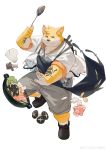  2020 6xiachunqiu7 anthro apron bottomwear canid canine canis clothing domestic_dog food hi_res humanoid_hands kemono male mammal shirt shorts simple_background solo topwear white_background 