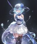  1girl aqua_hair armor bare_shoulders beckoning belt black_legwear blue_hair boots breasts cleavage commentary_request cygames diffraction_spikes dragon_girl dragon_tail dress elbow_gloves filene_(shadowverse) flower frills garter_straps gauntlets gloves greaves hair_flower hair_ornament hair_over_one_eye holding holding_weapon horns igarashi_youhei light_particles looking_at_viewer medium_breasts medium_hair outstretched_hand pink_eyes pointy_ears polearm reaching_out shadowverse simple_background skirt solo sparkle standing tail thighhighs water weapon white_dress 
