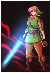  belt belt_buckle blue_eyes boots bottomwear breasts brellom brown_bottomwear brown_clothing brown_pants clothing crossgender female footwear freckles glowing glowing_sword glowing_weapon green_tunic hair hi_res holding_object holding_sword holding_weapon humanoid humanoid_pointy_ears hylian knee_boots light_skin link master_sword medium_breasts melee_weapon mtf_crossgender nintendo not_furry pants pink_hair shield shirt solo sword the_legend_of_zelda topwear tunic video_games weapon yellow_clothing yellow_shirt yellow_topwear 