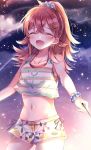  1girl absurdres anchor_symbol bare_arms bare_shoulders closed_eyes collarbone commentary_request embers hair_between_eyes hair_ornament hair_scrunchie hairclip high_ponytail highres idolmaster idolmaster_shiny_colors komiya_kaho long_hair midriff navel night night_sky open_mouth print_shorts red_hair scrunchie shirt short_shorts shorts sky sleeveless solo sorashima_(117) striped striped_shirt striped_tank_top tank_top wrist_scrunchie 