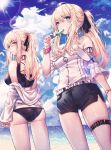  2girls absurdres ahoge artoria_pendragon_(all) ass bangs bare_shoulders beach belt bikini black_bikini blonde_hair blue_eyes blush breasts buckle choker day domi_(hongsung0819) eyebrows_visible_through_hair fate/stay_night fate_(series) food hair_ribbon highres huge_filesize jacket looking_at_viewer medium_breasts multiple_girls off-shoulder_blouse off_shoulder outdoors ponytail popsicle ribbon saber saber_alter scrunchie sidelocks swimsuit thigh_strap thighs wide_sleeves wrist_scrunchie yellow_eyes 