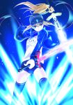  1girl ahoge artoria_pendragon_(all) ass_visible_through_thighs blonde_hair blue_eyes breasts buruma commentary_request dual_wielding fate/grand_order fate_(series) feet_out_of_frame glowing glowing_sword glowing_weapon hair_between_eyes hat highres holding holding_sword holding_weapon jacket long_hair long_sleeves looking_at_viewer mysterious_heroine_x ponytail small_breasts solo sword thighhighs tsuzuki_masumi weapon 