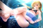  1girl :d ass barefoot bikini black_bikini blonde_hair blue_hair breasts fang feet_out_of_frame highres long_hair looking_at_viewer low_twintails medium_breasts multicolored_hair open_mouth original pallad red_eyes sideboob smile solo streaked_hair swimsuit twintails underboob underwater 
