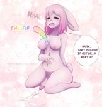  abdominal_bulge animal_genitalia animal_penis anthro breasts dildo ears_down english_text equine_penis female genitals hi_res intersex lagomorph leporid lube mammal marshmallow-ears peachy_(marshmallow-ears) penis pivoted_ears rabbit sex_toy solo speech_bubble text toy 