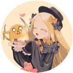  1boy 1girl abigail_williams_(fate/grand_order) adventure_time bangs black_bow black_dress black_headwear blonde_hair blush bow breasts butter closed_eyes crossover dog dress fate/grand_order fate_(series) food forehead fork hair_bow hat heart jake_the_dog knife long_hair multiple_bows open_mouth orange_bow pancake parted_bangs plate polka_dot polka_dot_bow ribbed_dress sleeves_past_fingers sleeves_past_wrists small_breasts smile stuffed_animal stuffed_toy syrup teddy_bear yaku_(ziroken) 