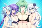  4girls ahoge bikini black_heart blue_eyes braid breasts eyebrows_visible_through_hair flower green_hair green_heart hair_flower hair_ornament happy huge_breasts jewelry large_breasts light_blue_hair lindaroze long_hair looking_at_viewer medium_breasts multiple_girls navel necklace neptune_(series) purple_eyes purple_hair purple_heart red_eyes small_breasts smile swimsuit twin_braids very_long_hair white_hair white_heart 