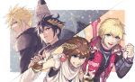  4boys angel_wings black_hair black_wings blonde_hair blue_eyes brown_hair buster_sword cloud_strife dark_pit final_fantasy final_fantasy_vii fist_pump grin hand_on_weapon highres kid_icarus kid_icarus_uprising laurel_crown monado multiple_boys pit_(kid_icarus) red_eyes red_vest rei_(teponea121) shulk smile split_screen v vest white_wings wings xenoblade_(series) 