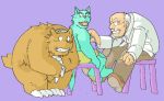  2003 anthro blue_body blue_fur bottomwear brown_body brown_fur canid canine canis clothing doctor domestic_dog fur gombee group human kemono male mammal overweight pants shirt simple_background sitting topwear ursid 