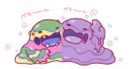  2019 alolan_muk ambiguous_gender duo goo_creature green_body japanese_text kotaro_kurokawa muk multicolored_body nintendo not_furry open_mouth pink_body pok&eacute;mon pok&eacute;mon_(species) purple_body regional_form_(pok&eacute;mon) simple_background text video_games white_background yellow_body 