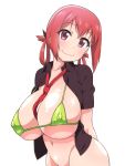  1girl bikini blush breasts closed_mouth collarbone commentary_request covered_nipples elf_k eyebrows_visible_through_hair gabriel_dropout green_bikini hair_between_eyes hair_rings head_tilt highres huge_breasts kurumizawa_satanichia_mcdowell looking_at_viewer micro_bikini navel necktie open_clothes open_shirt pink_eyes red_hair red_neckwear smile solo swimsuit white_background 