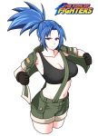  1girl bangs black_tank_top black_undershirt blue_eyes blue_hair breasts earrings eron gloves green_jacket green_shorts high_ponytail highres jacket jewelry leona_heidern logo looking_at_viewer midriff navel open_clothes open_jacket ponytail serious shorts soldier solo tank_top the_king_of_fighters white_background 