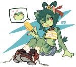  1girl :3 ;p animal_ear_fluff animal_ears animal_nose animal_print bare_shoulders bell blush_stickers breasts cat cat_ears cat_girl cat_tail claws clothing_request collar english_commentary fang food frog_girl frog_print furry green_fur green_hair hair_between_eyes holding holding_food hybrid jingle_bell looking_to_the_side medium_breasts medium_hair one_eye_closed orange_eyes original patty_(sui_(suizilla)) pawpads red_collar signature simple_background sitting socks solo spoken_animal sui_(suizilla) tail tongue tongue_out two-tone_fur white_background white_legwear 