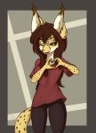  &lt;3 5_fingers amber_eyes anthro brown_hair clothed clothing fangs felid feline female fingers fur hair hi_res mammal one_eye_closed open_mouth orang111 serval solo wink yellow_body yellow_fur 